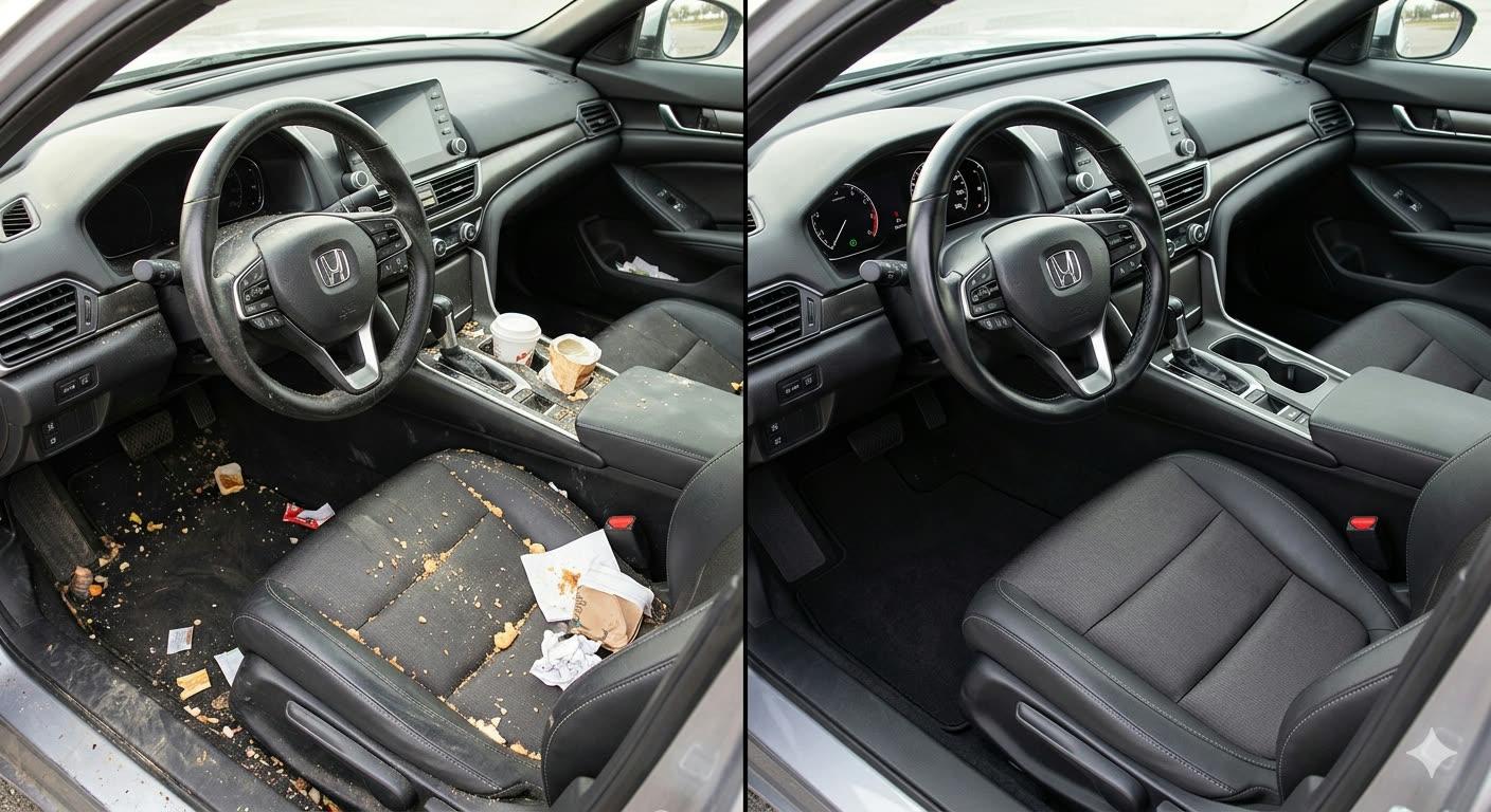 Before and after of a Honda Accord driver cabin, left half littered with coffee cups crumbs and trash, right half spotless.