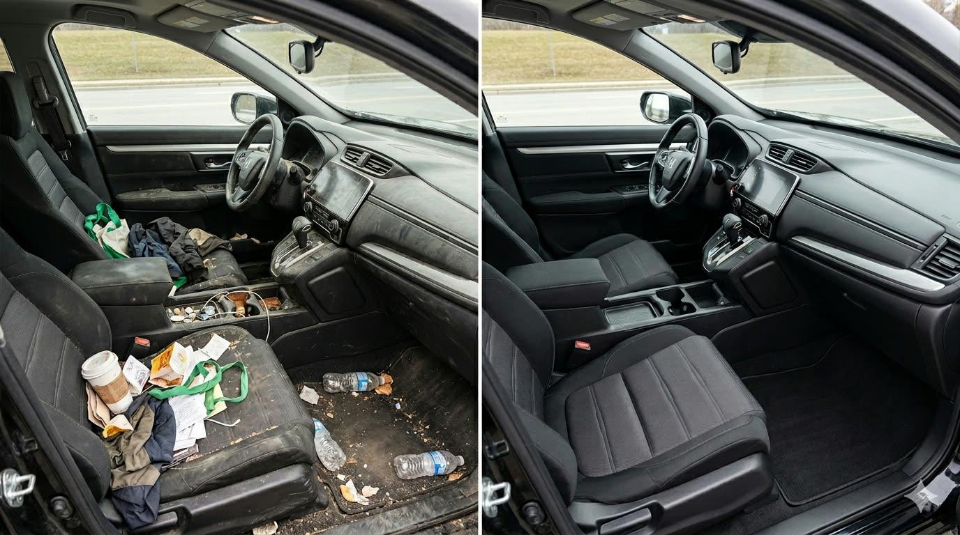 Before and after of a Honda CR-V passenger cabin, left half cluttered with trash and debris, right half fully detailed and clean.