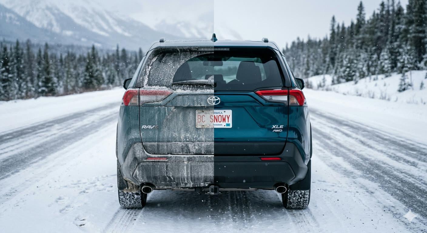 Before and after of a Toyota RAV4 XLE AWD, left half covered in Alberta winter road salt, right half perfectly clean revealing teal paint.