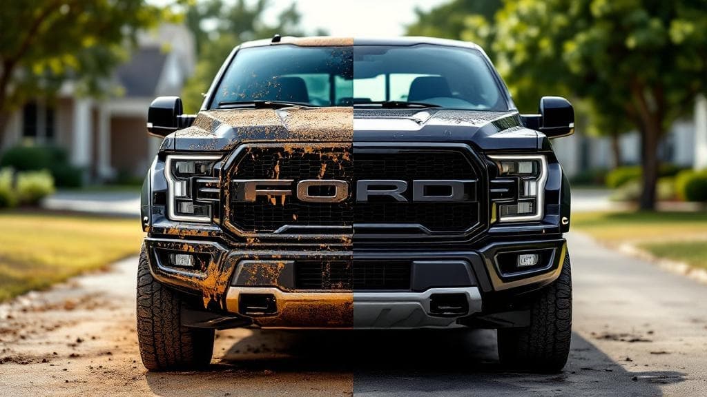 Before and after of a black pickup truck, left half covered in mud, right half freshly washed.