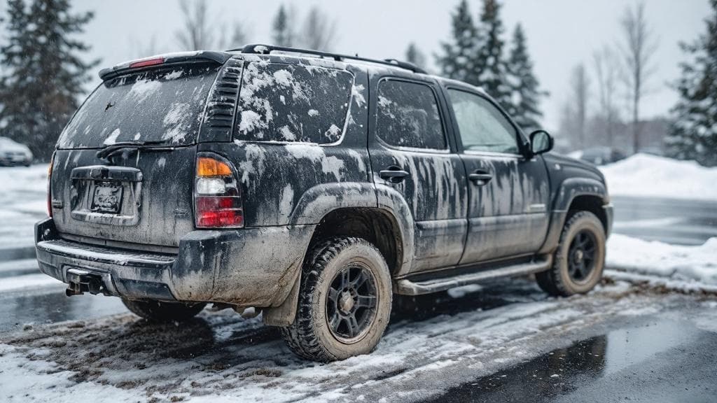 Dirty SUV covered in salt and winter grime, before a Foam Ranger detail.
