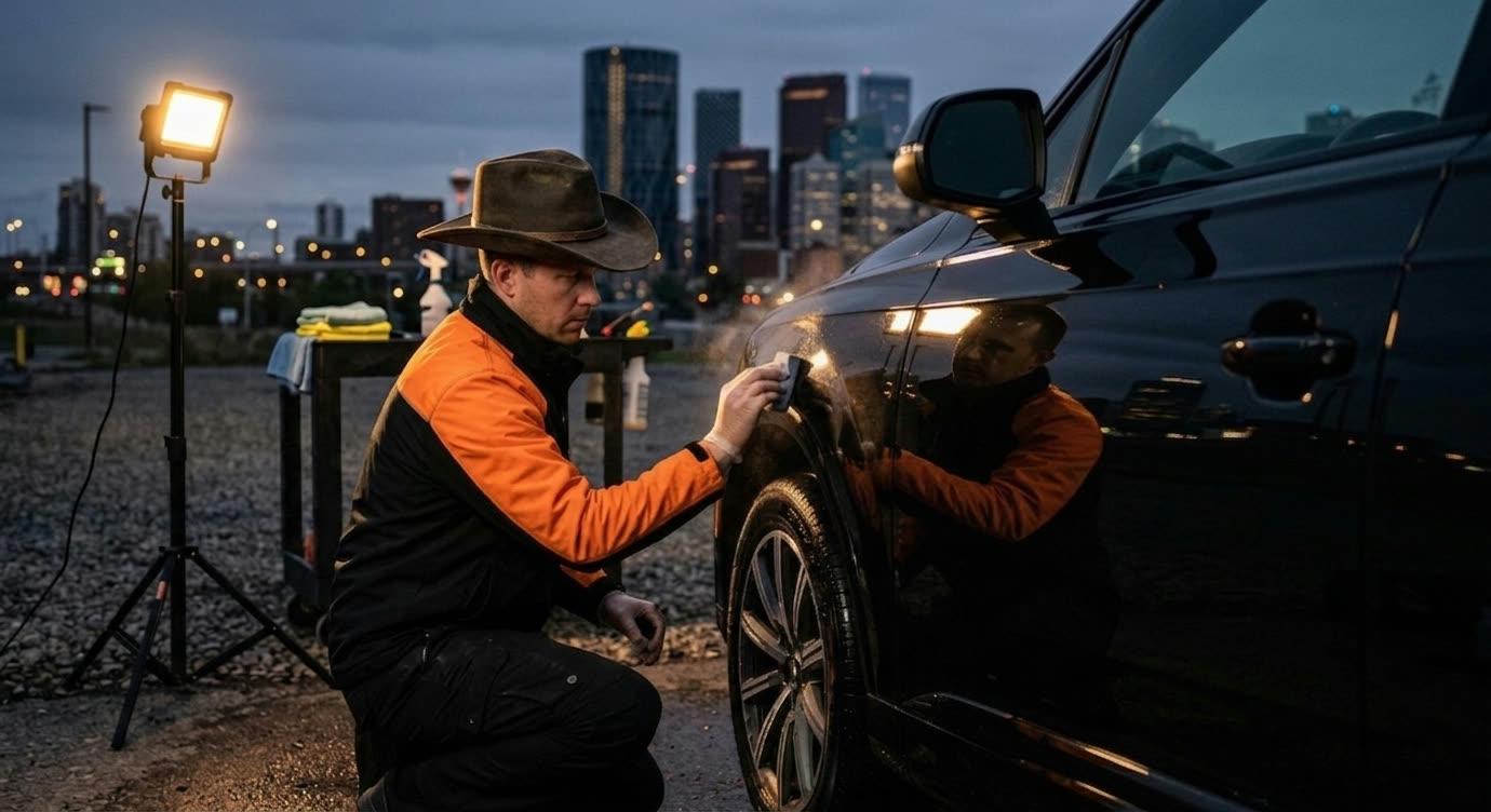 Foam Ranger detailer in branded black and orange jacket with cowboy hat applying ceramic coating to a glossy vehicle at dusk, Calgary skyline in the background, studio work lights.