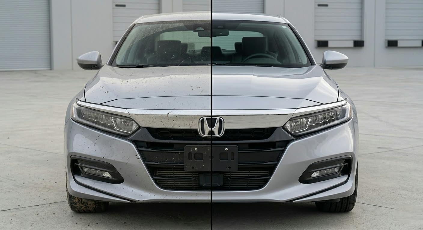 Side-by-side before and after of a silver Honda Accord front-end, dusty and dull on the left, freshly detailed and gleaming on the right, listing-ready.