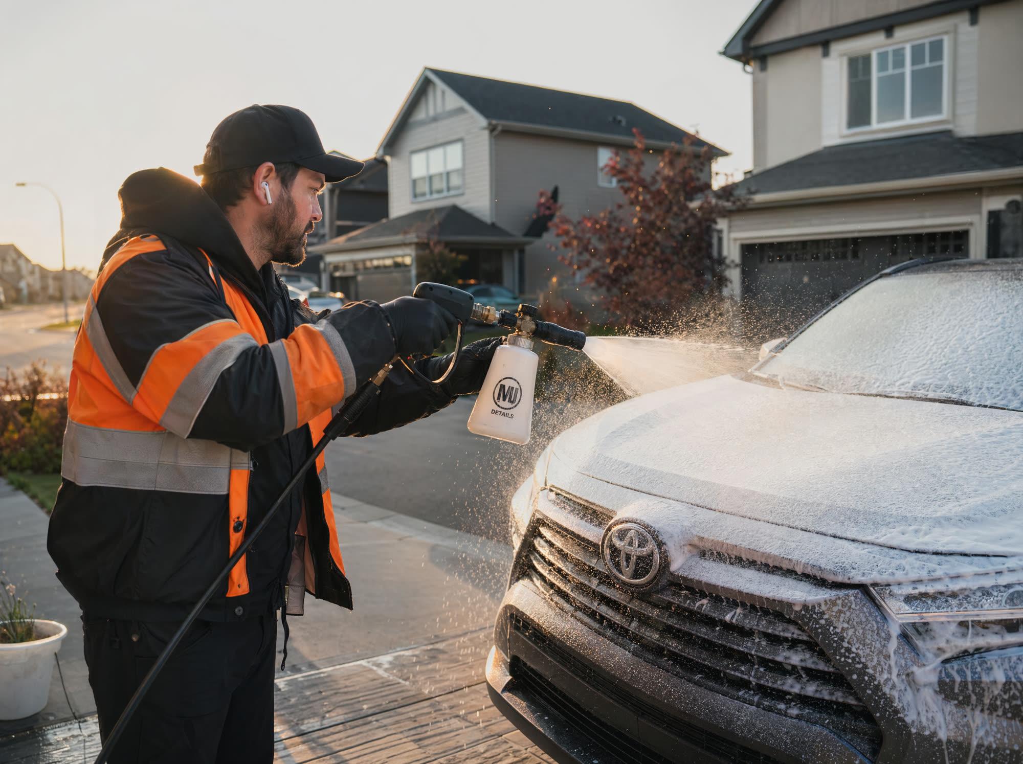 Foam Ranger detailer in black and hi-vis orange applying foam cannon to a silver Toyota at golden hour in a Calgary suburban driveway.