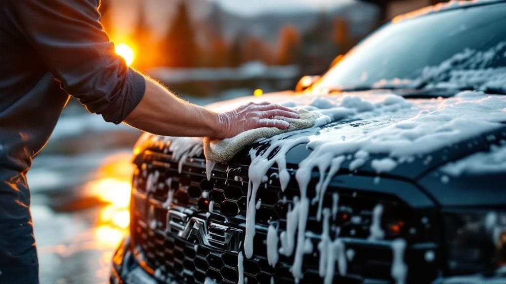 Hands washing a black truck grille at golden hour during a Foam Ranger Quick Draw mobile detail in Calgary.