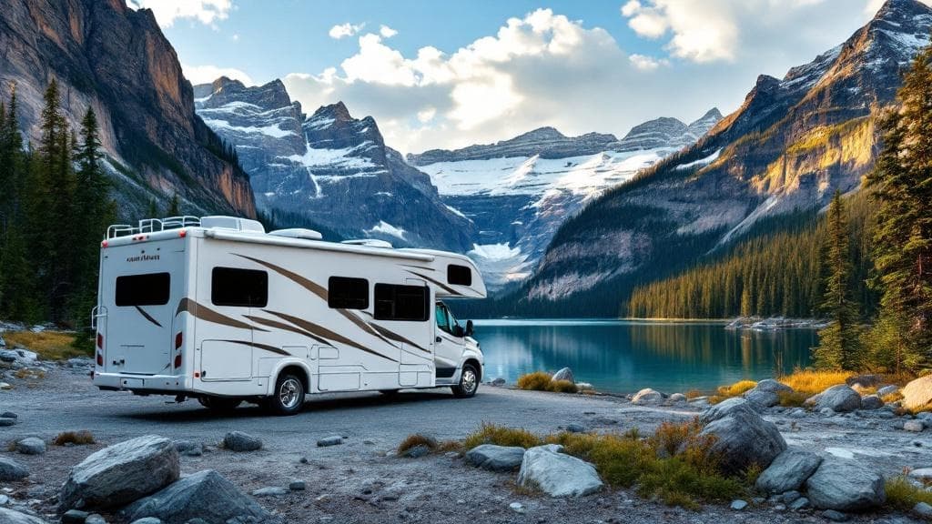 Clean RV parked in a mountain scene.