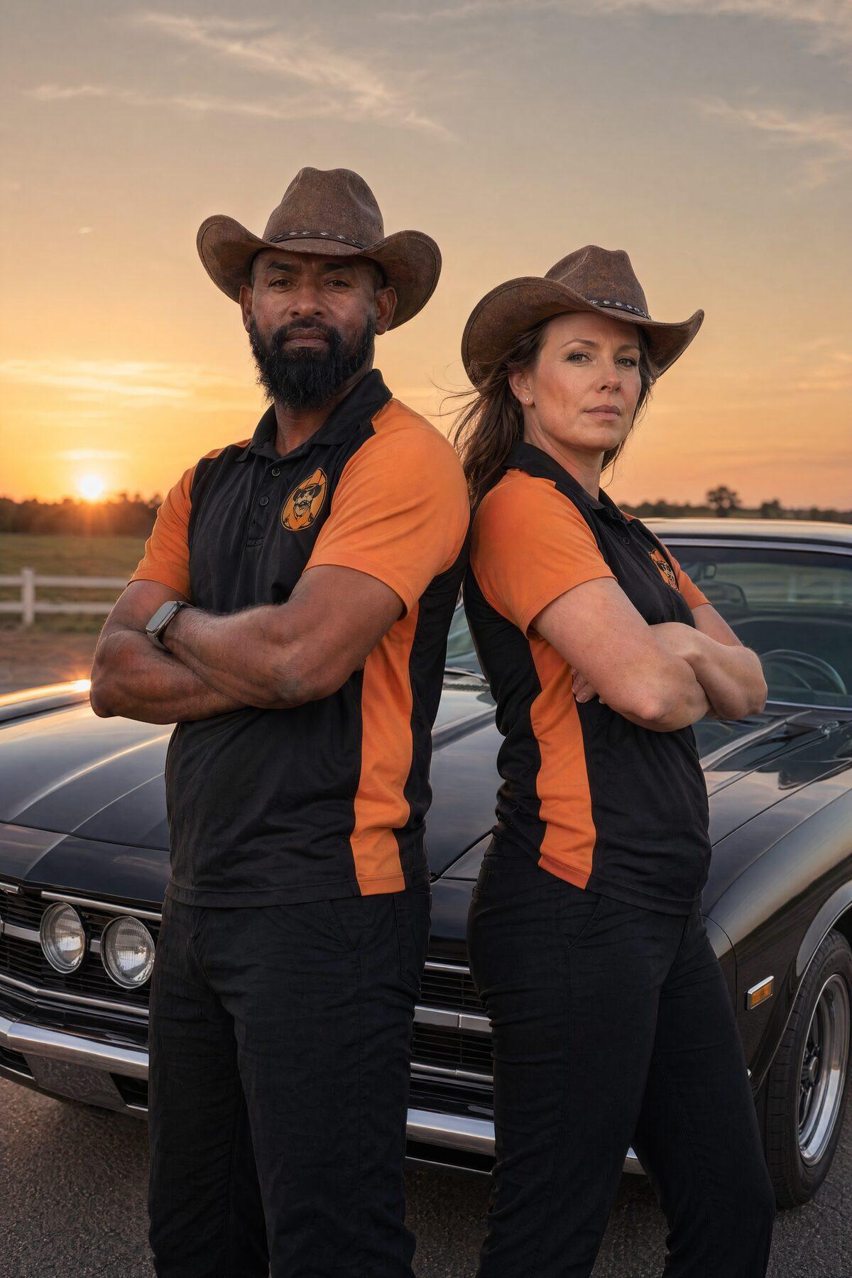 Two Foam Ranger operators standing back-to-back in front of a black classic car at sunset.