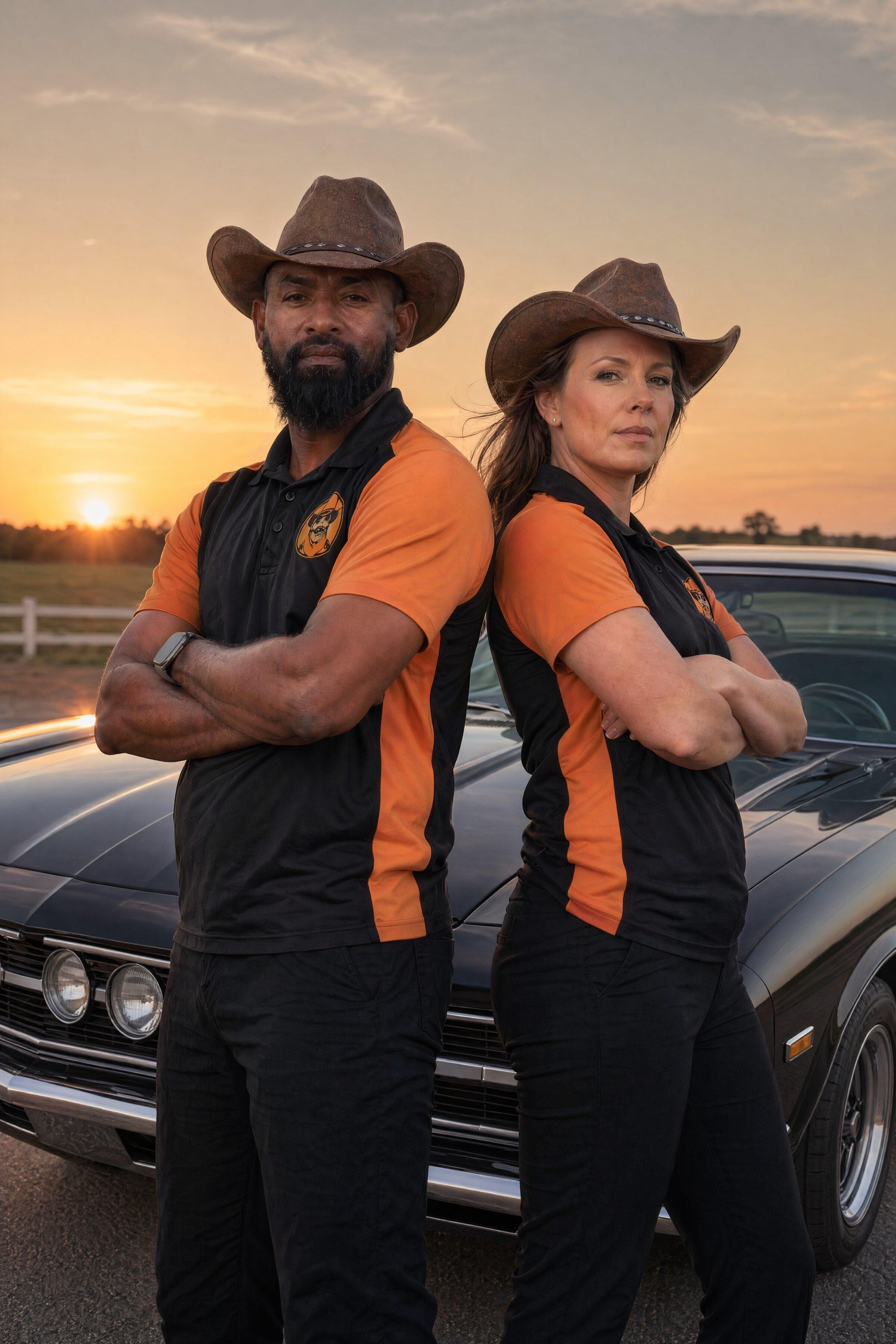 Two Foam Ranger operators standing back-to-back in front of a black classic car at sunset.