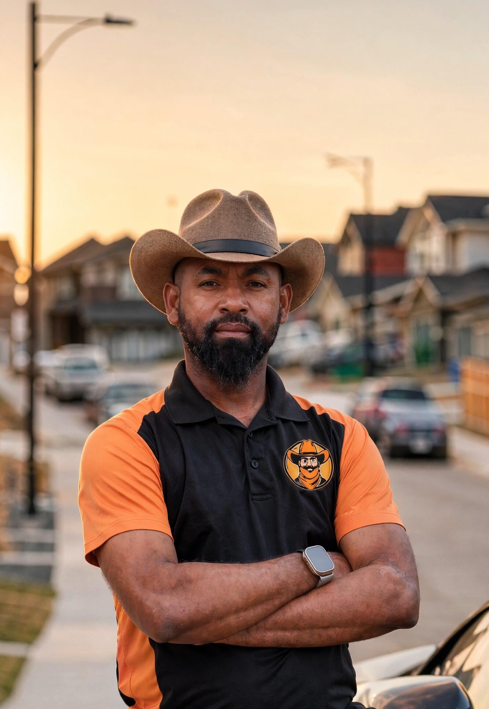 Foam Ranger operator in branded uniform standing at a Calgary suburb at sunset.