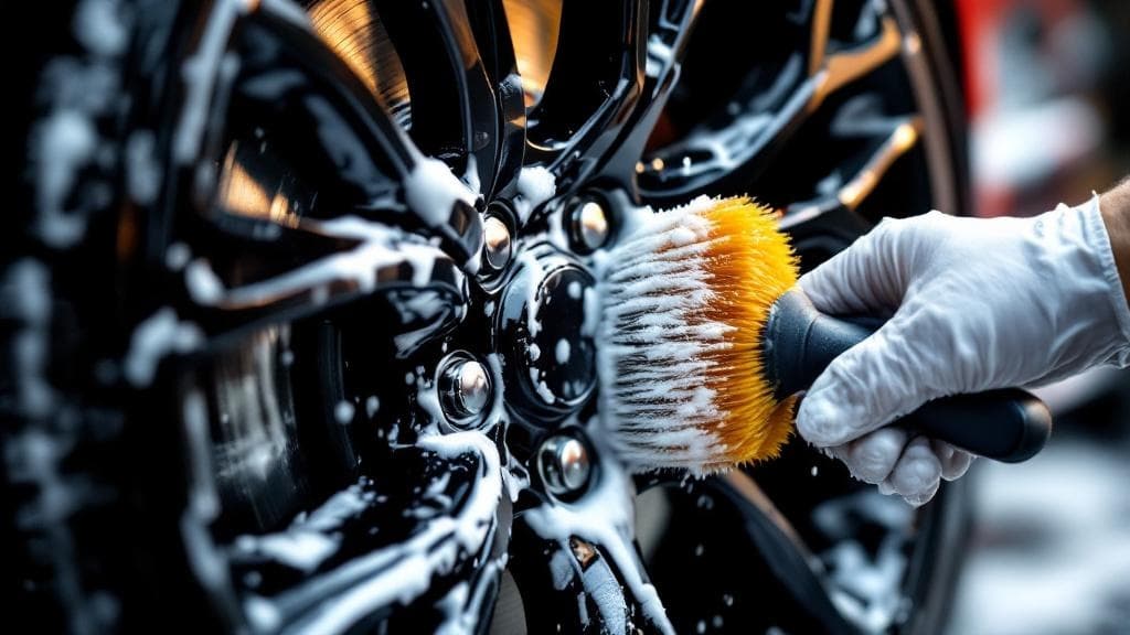 Foam-covered wheel with a detail brush, Foam Ranger mobile detailing based in Cochrane, AB for Bow Valley communities.
