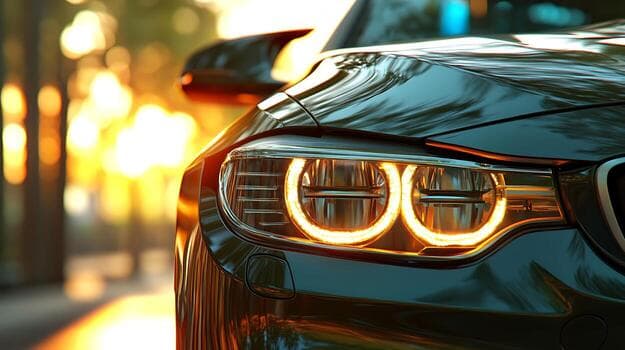 BMW headlight at golden hour with sharp LED signature against sunset bokeh.