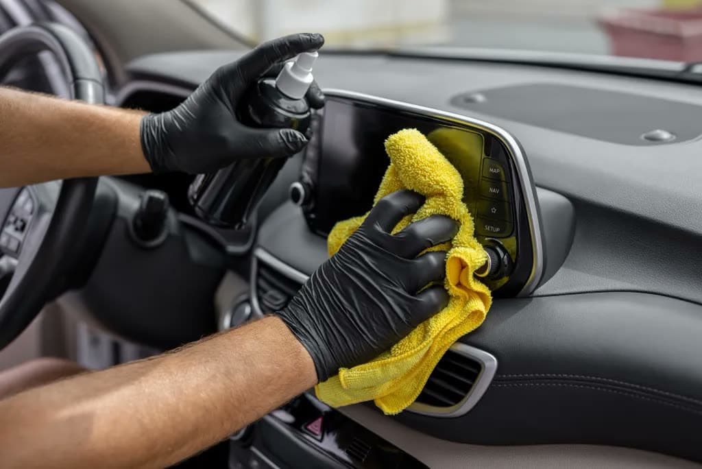 Gloved detailer applying cleaner spray and wiping an infotainment screen with a yellow microfiber.