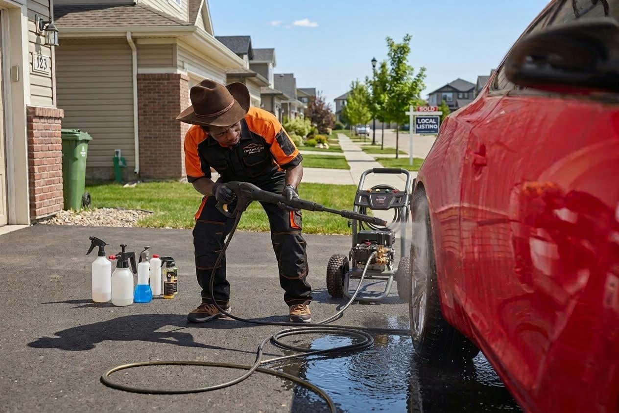 Foam Ranger detailer in the black and hi-vis orange jacket with cowboy hat pressure-washing the lower panels of a red sedan in a Calgary suburban driveway.