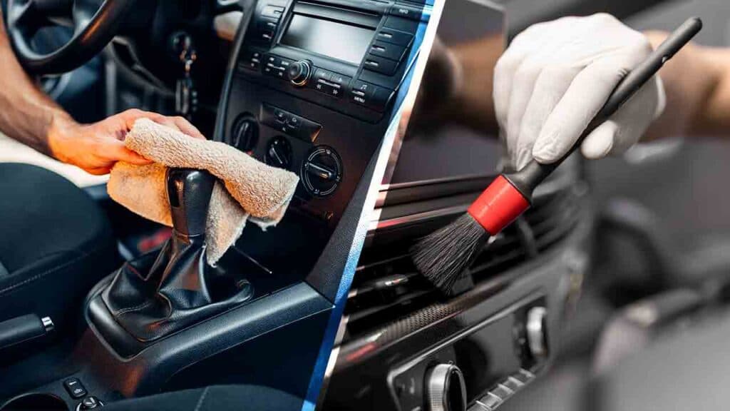 Split-frame interior detail, dashboard wipe on the left and vent brush on the right.